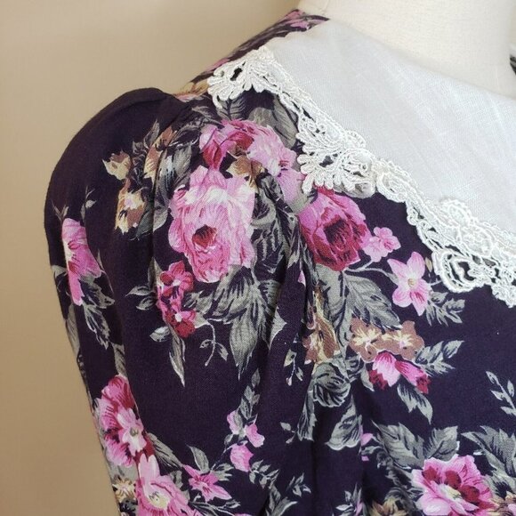 Vtg 80's Floral Dress Cottage Prairie Lace Traditional Garden Party Blue Medium - Picture 5 of 12